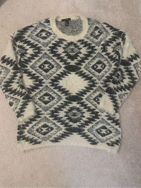 Forever 21 Cream & Black Aztec Fuzzy Crewneck Sweater